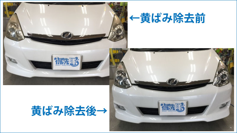 ヘッドライトの黄ばみを除去前と除去後の比較